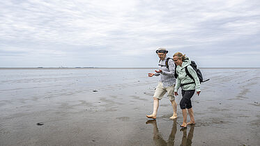 Bischof Gothart Magaard und seine Nachfolgerin, Pastorin Nora Steen, beim Pilgern durch das Wattenmeer
