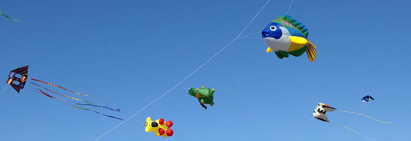 Flugdrachen fliegen im Wind am Strand auf Sankt Peter-Ording