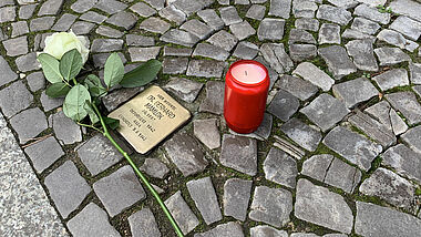 Stolperstein mit Rose und Kerze in Greifswald 