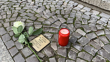 Stolperstein mit Rose und Kerze in Greifswald 