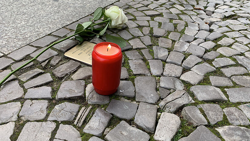 Stolperstein mit Rose und Kerze in Greifswald