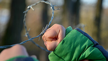 Stacheldraht und Kinderhand