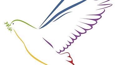 Taube regenbogenfarben mit Zweig auf weissem Hintergrund Friedenstaube