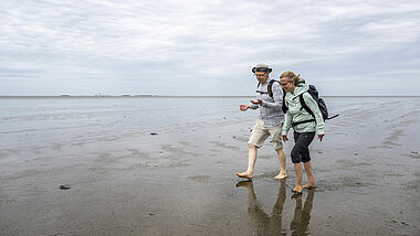 Bischof Gothart Magaard und seine Nachfolgerin, Pastorin Nora Steen, beim Pilgern durch das Wattenmeer