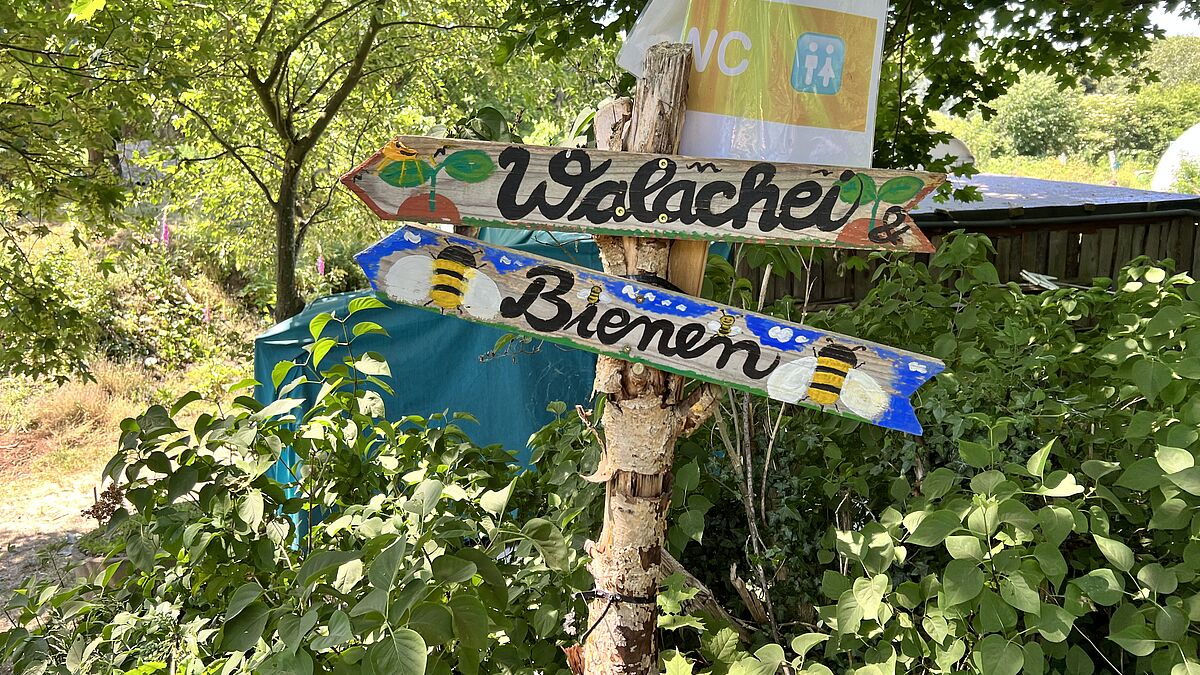 Damit Besucher sich in dem großen Garten zurechtfinden, helfen Wegweise.