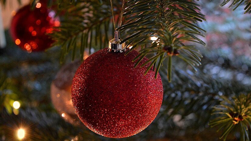 Christbaumkugel am Tannenzweig 