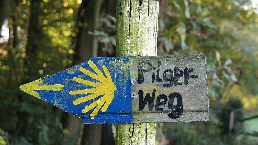 Holzschild mit einer aufgemalten Jakobsmuschel und dem Schriftzug "Pilgerweg"