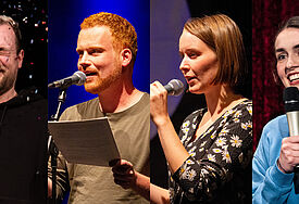 Jann Wattjes, Florian Hacke, Mona Harry und Anna Bartling (von links nach rechts) werden zum Reformationstag in Heide in der Kirche slammen.