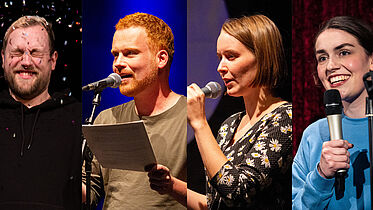 Jann Wattjes, Florian Hacke, Mona Harry und Anna Bartling (von links nach rechts) werden zum Reformationstag in Heide in der Kirche slammen.