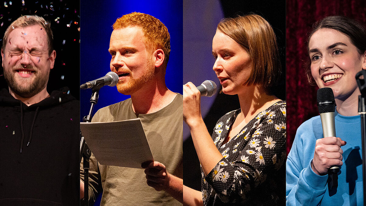 Jann Wattjes, Florian Hacke, Mona Harry und Anna Bartling (von links nach rechts) werden zum Reformationstag in Heide in der Kirche slammen.